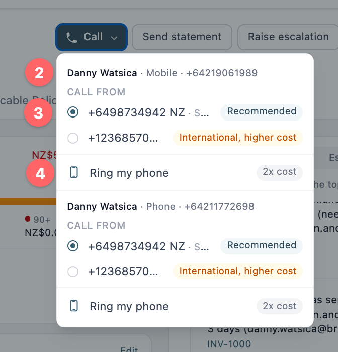 The Call panel on a contact, with the number, the Call from choices and Ring my phone numbered 2 to 4