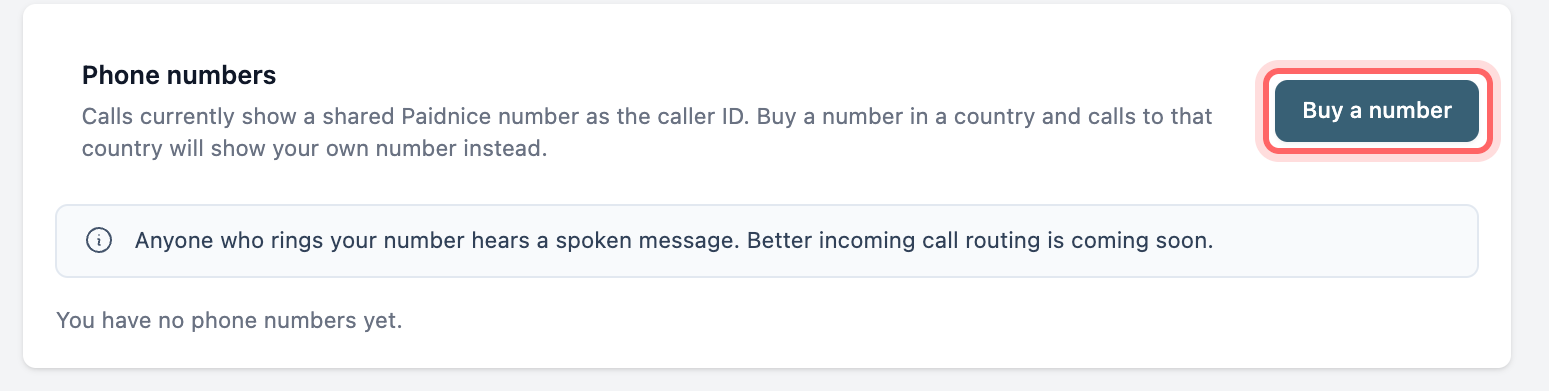 The Phone numbers card at the top of the Calls page, with the Buy a number button highlighted