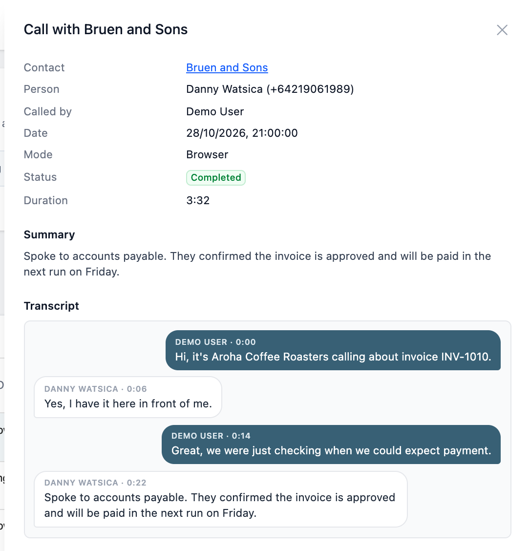 A call opened from the Calls page, showing its details, the summary and the transcript