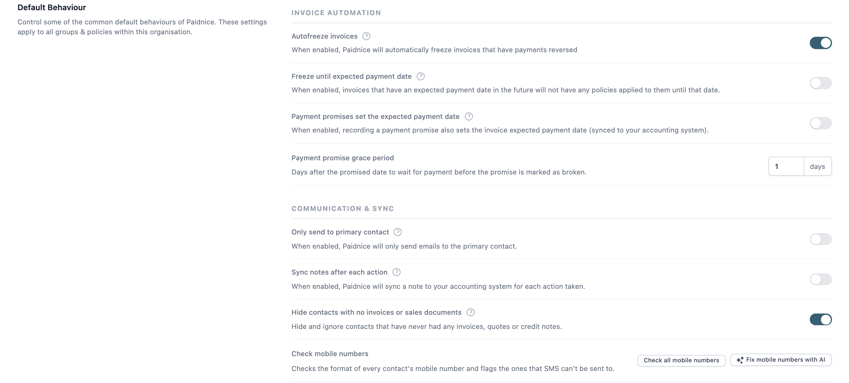The Default Behaviour tab under Advanced settings