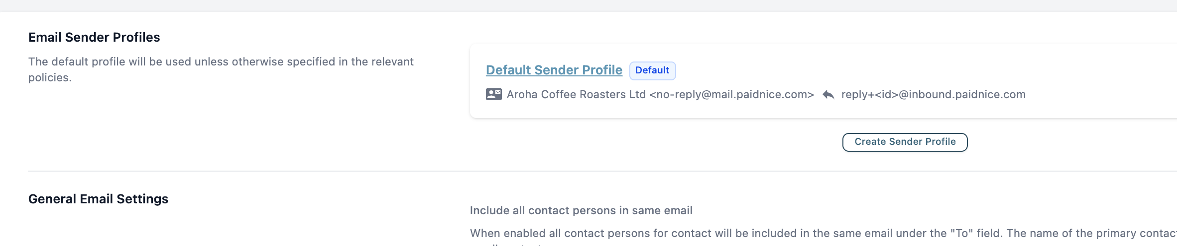 The Email Preferences tab showing the default sender profile and the Create Sender Profile button