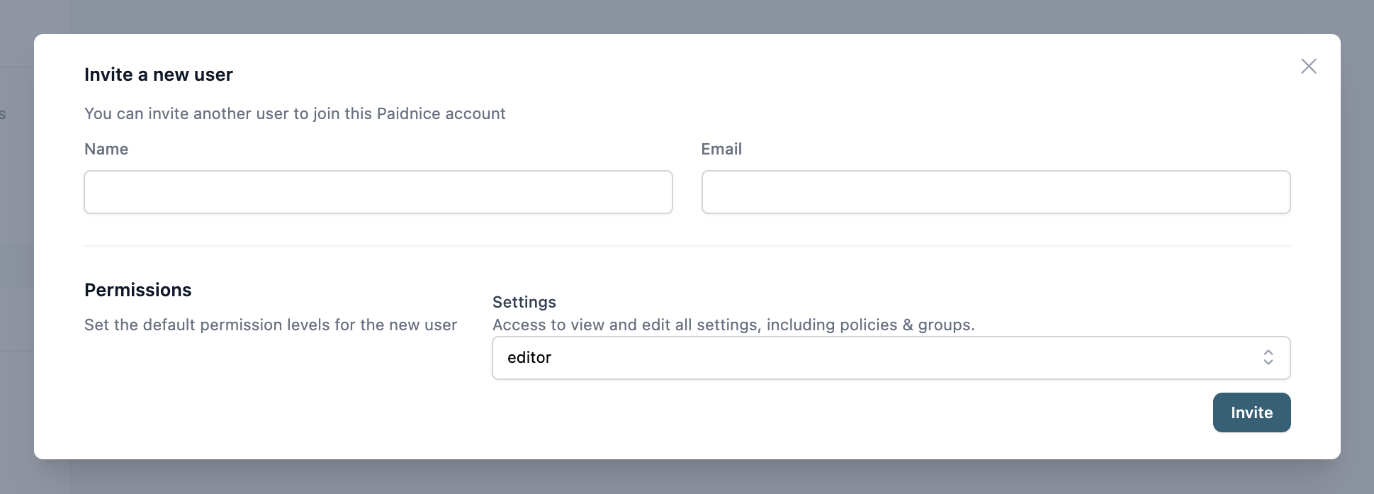 The Invite a new user dialog with the Name, Email and Settings permission fields