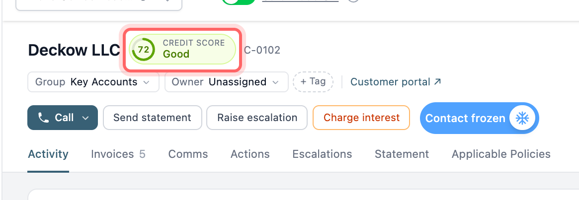 A contact page header with the credit score ring showing 72 and the Good band