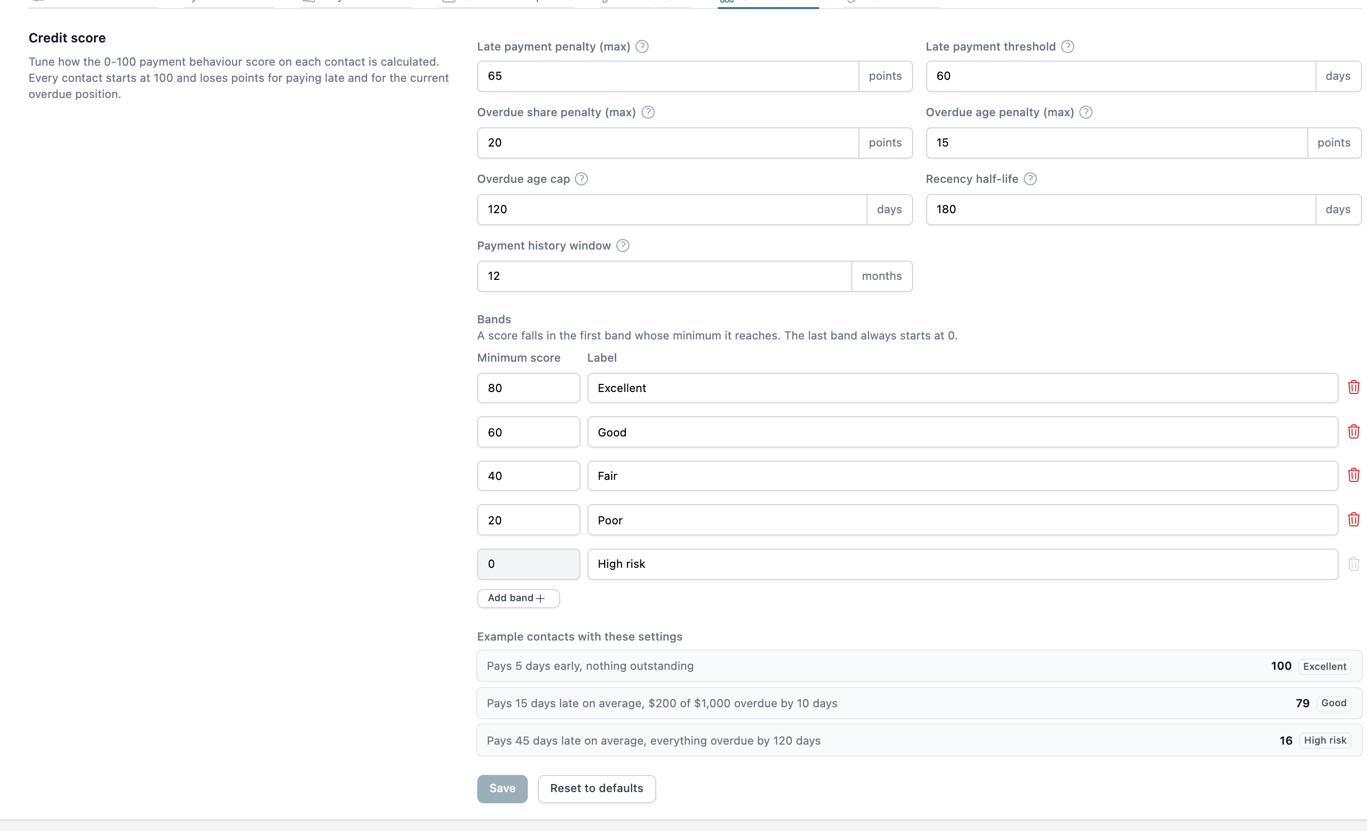 The Credit Score settings tab with the penalty fields, bands and example contacts