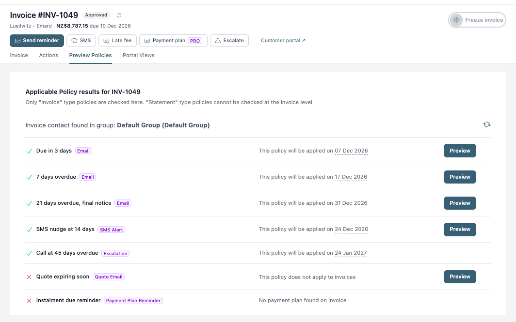 The Preview Policies tab on an invoice, listing each policy and the date it will run