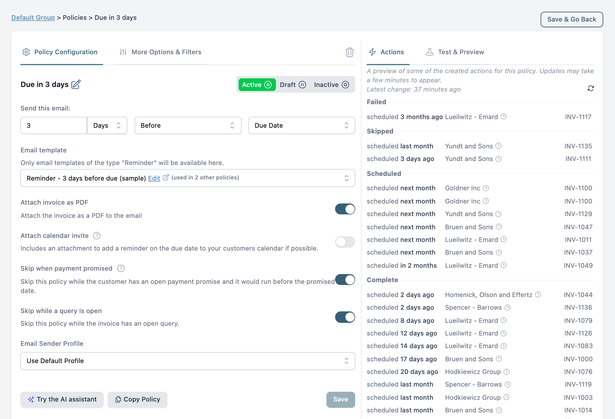 A reminder policy open on the Policy Configuration tab, with the Actions list on the right