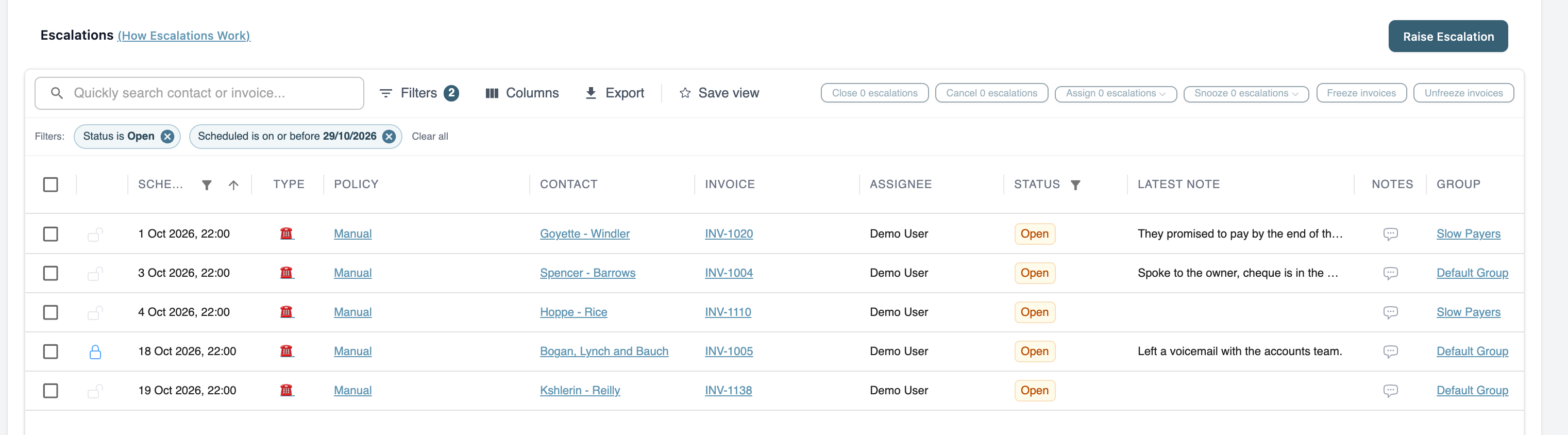 The Escalations page listing open escalations with their type, contact, invoice, assignee and latest note
