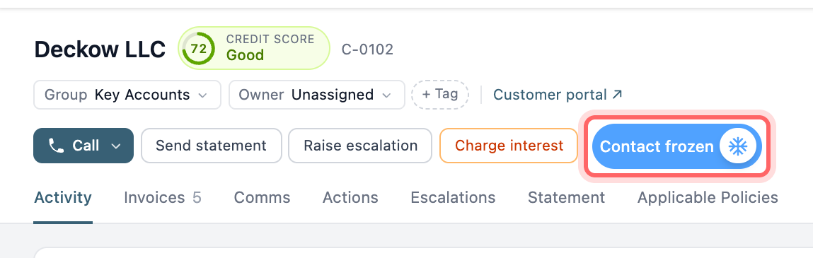 A contact page with the Contact frozen switch highlighted in the header