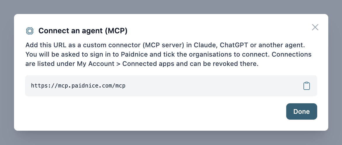The Connect an agent (MCP) dialog showing the server URL with its copy button