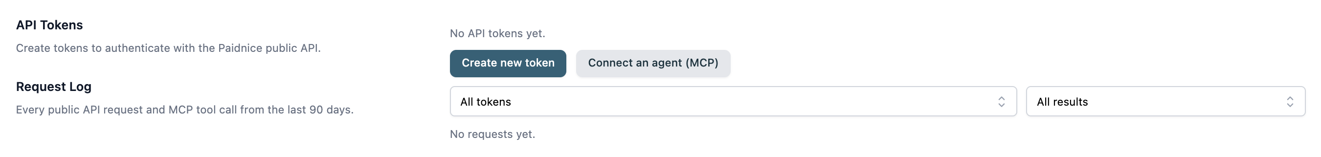 The Request Log section with its token and result filters