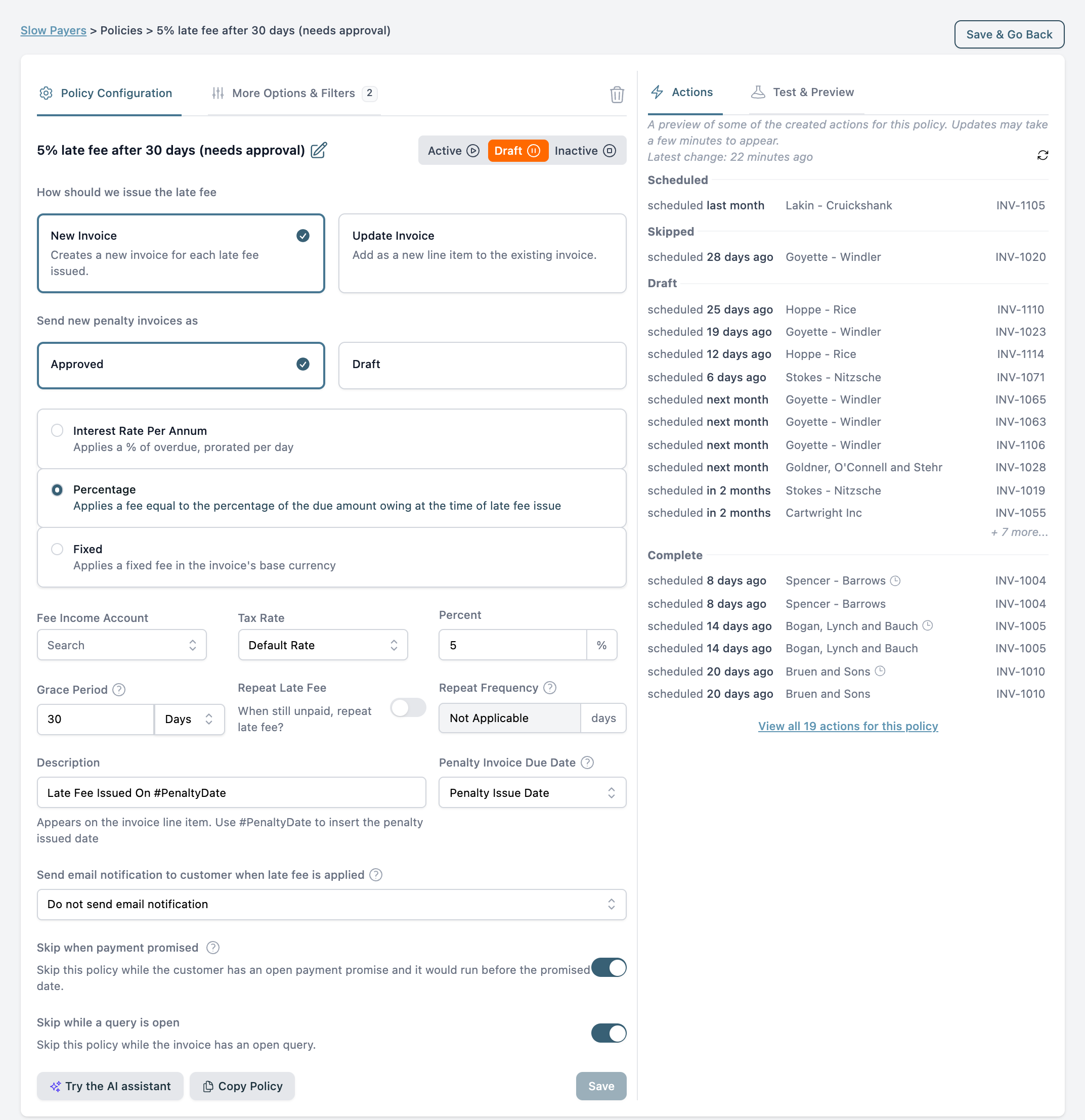 A late fee policy open on the Policy Configuration tab