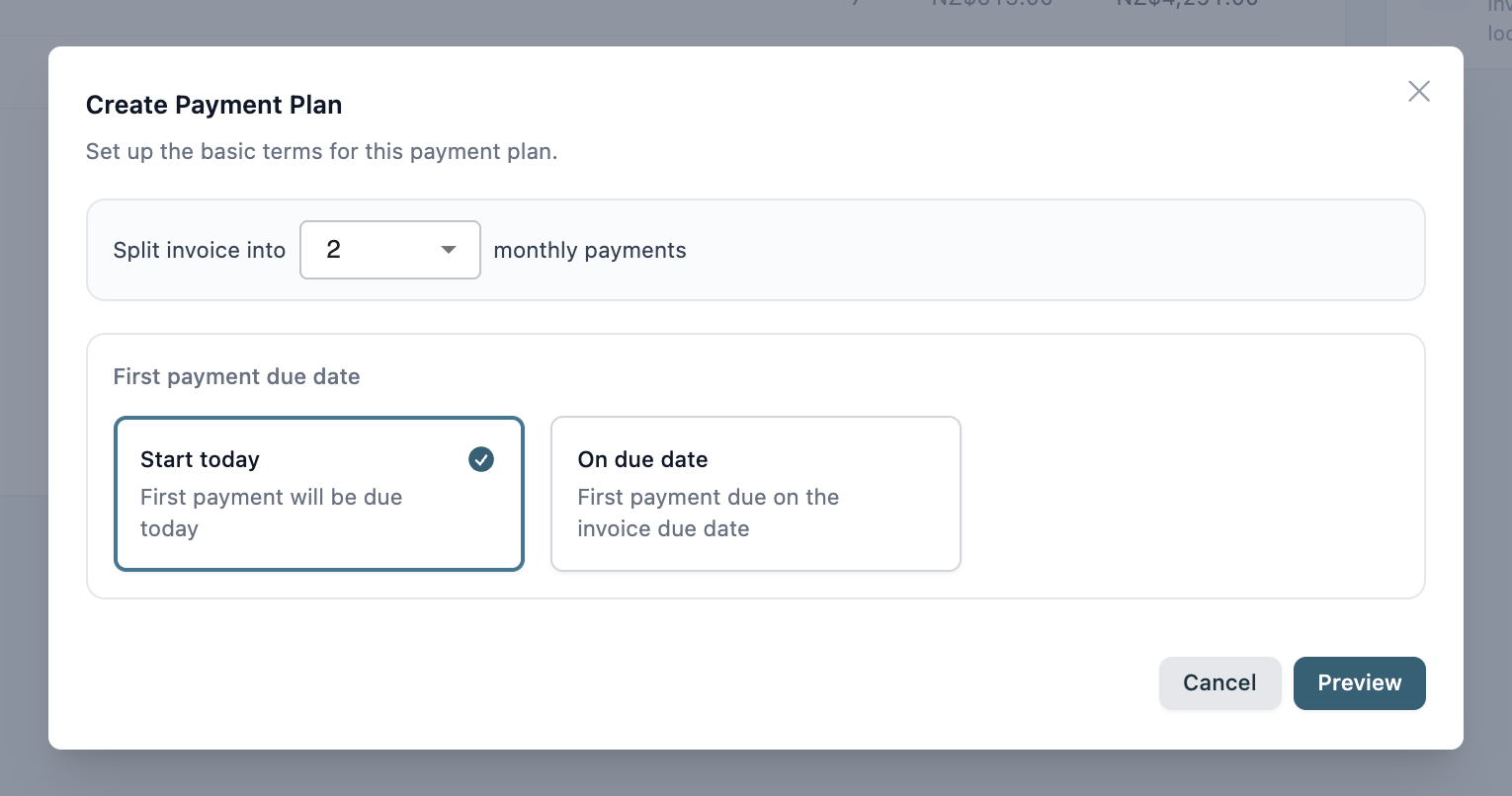 The Create Payment Plan form in the customer portal, with the number of payments and the first payment date options