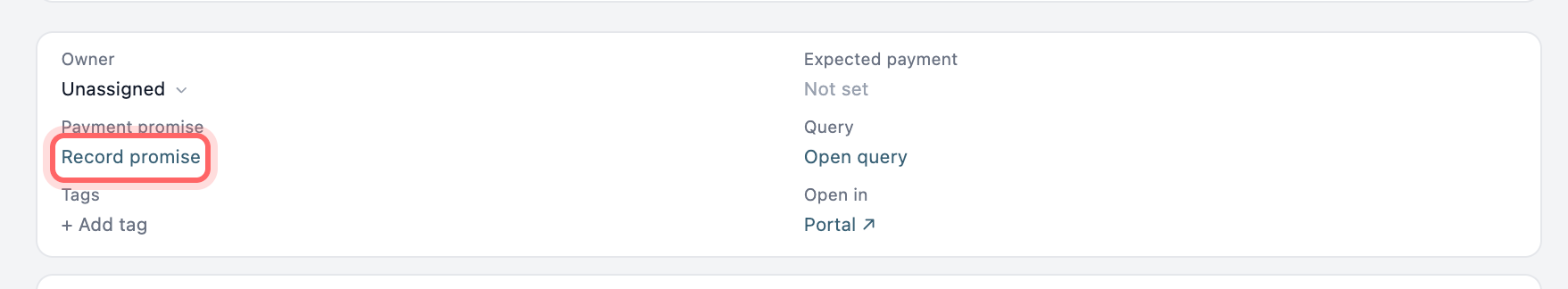 The details panel on an invoice page with the Payment promise and Query rows