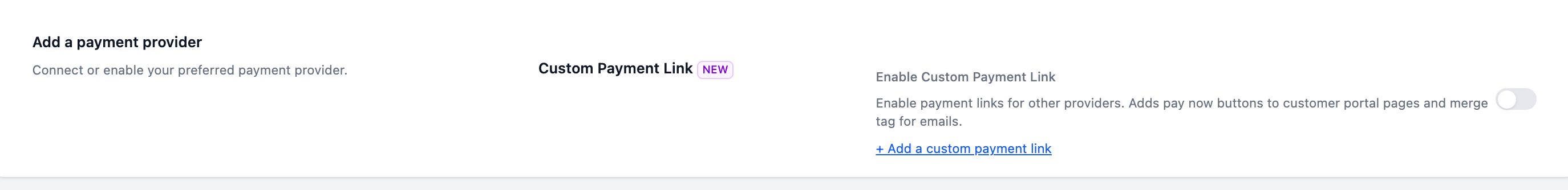 The Payment Providers page with the Custom Payment Link section