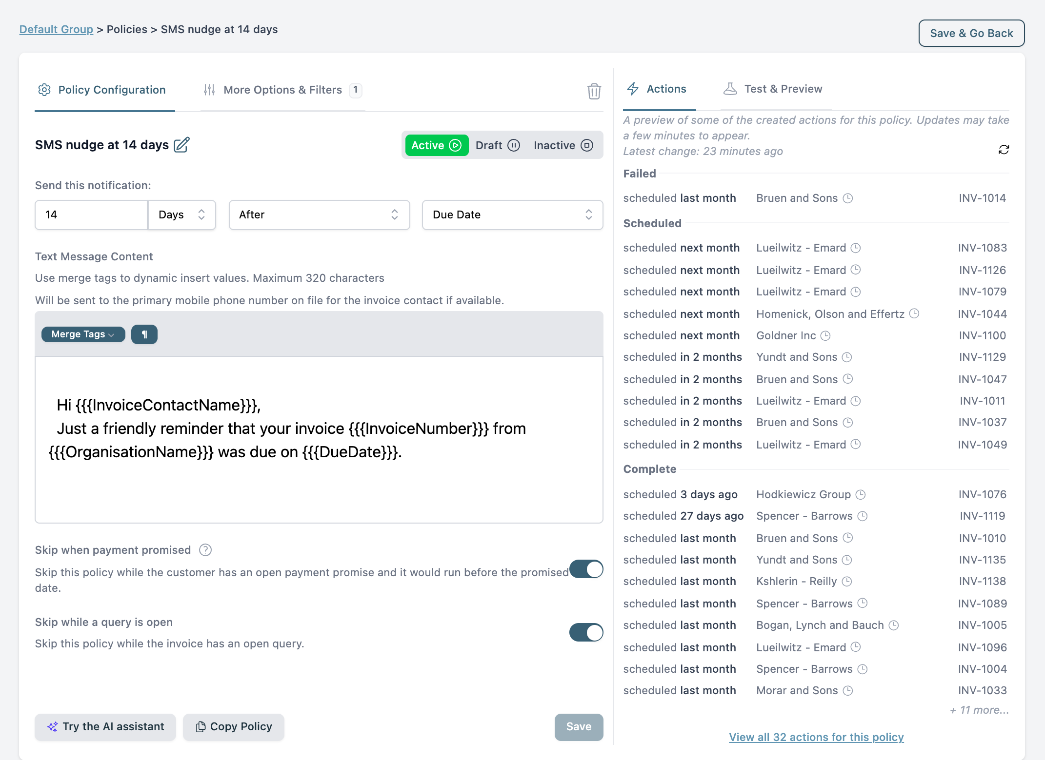 An SMS policy open on the Policy Configuration tab