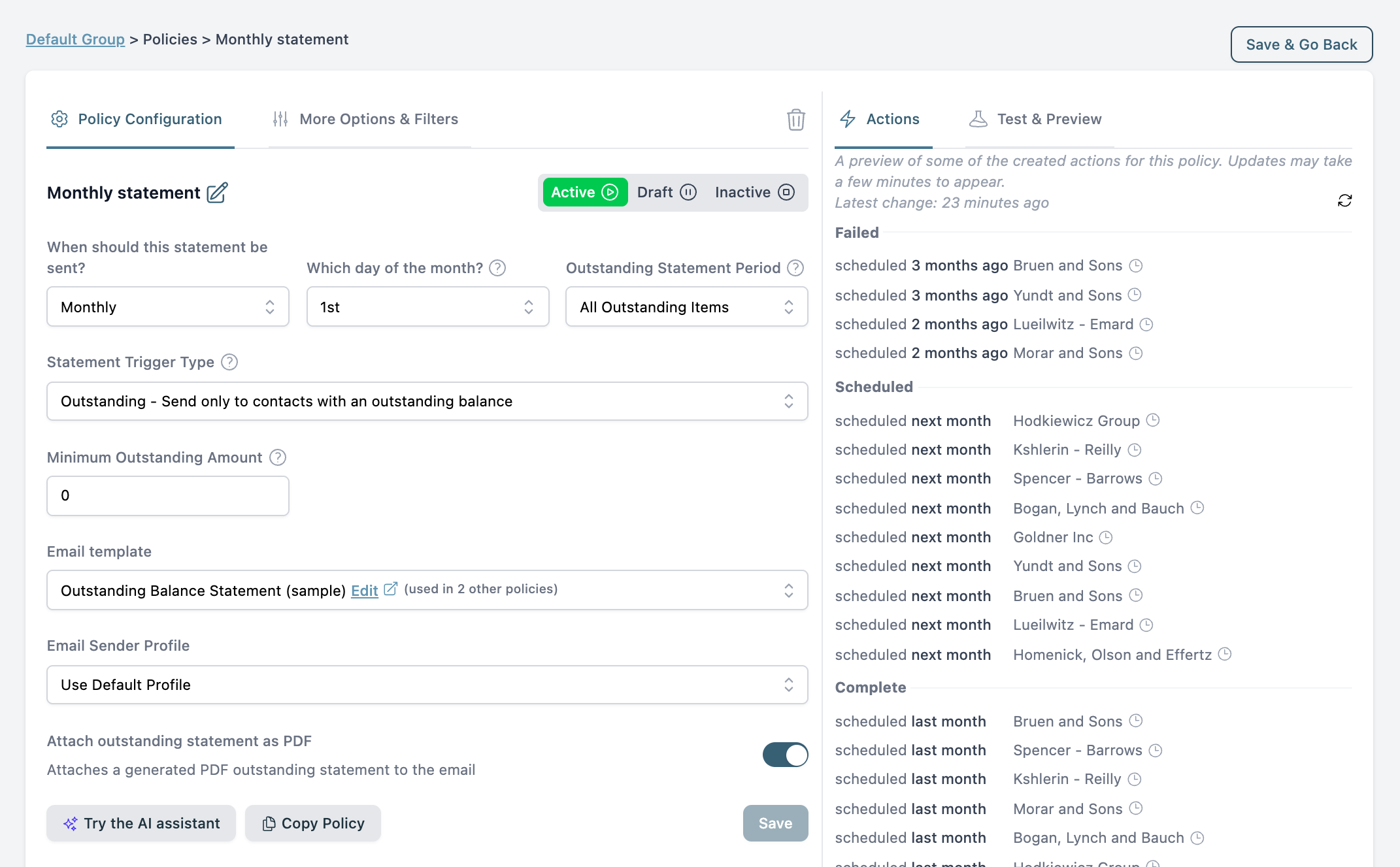 A statement policy open on the Policy Configuration tab