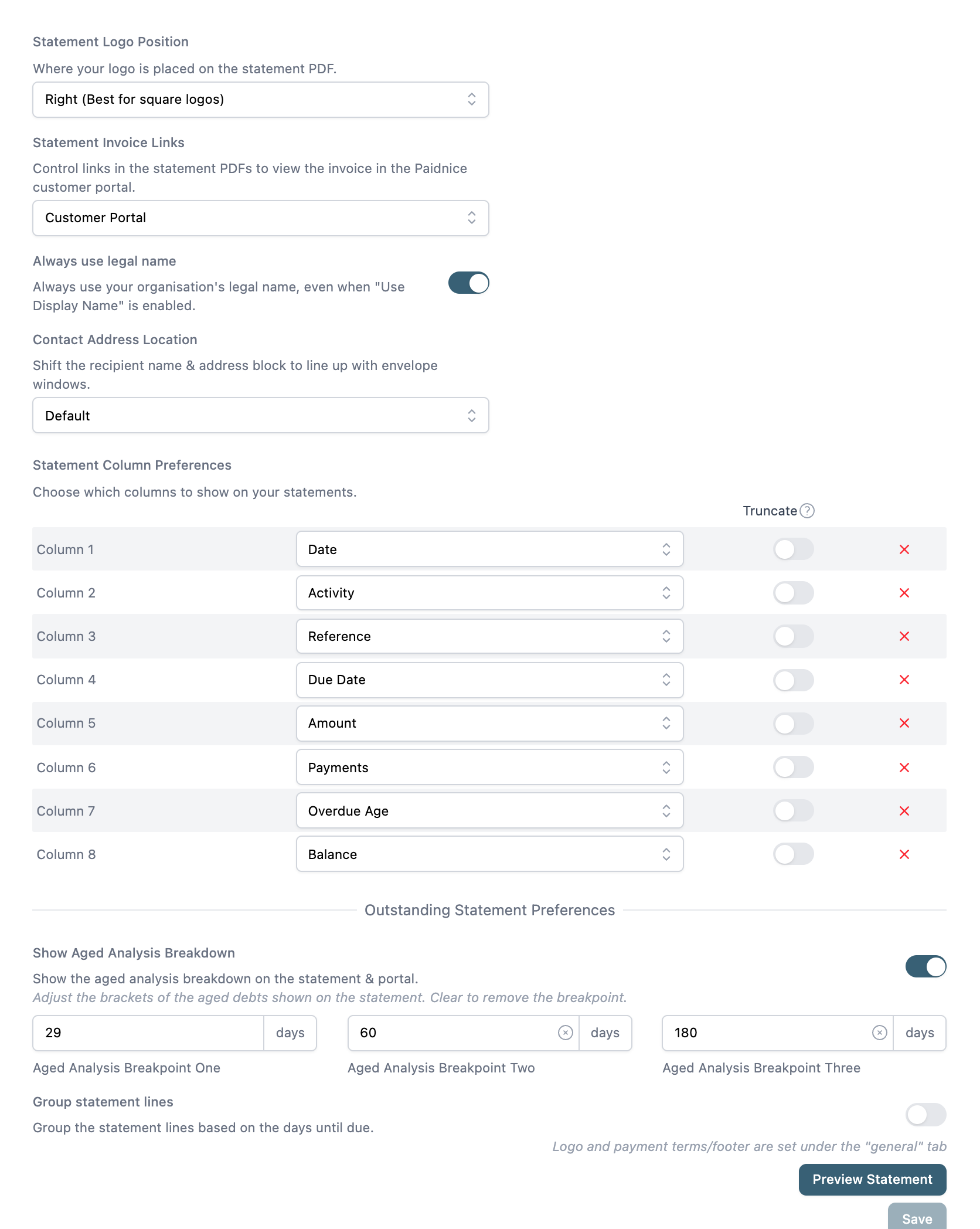 The Statement Settings tab with the logo, link, column and aged analysis options